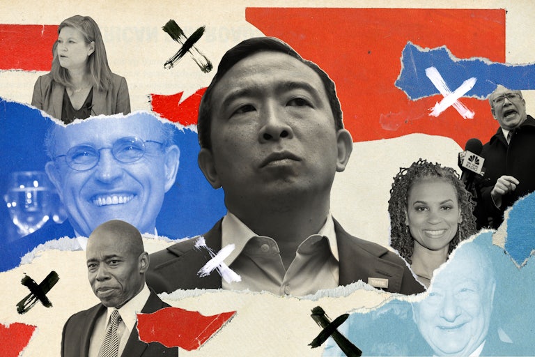 A photo collage featuring some of the leading candidates in New York's mayoral race: Andrew Yang, Kathryn Garcia, Maya Wiley, Eric Adams, and Scott Stringer
