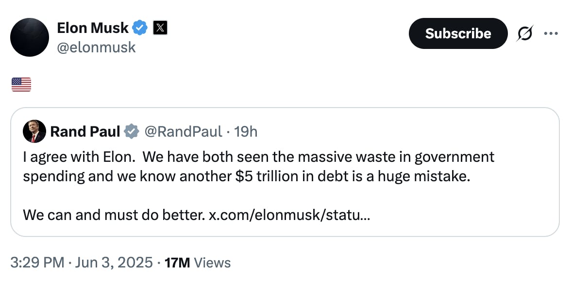 X screenshot Elon Musk @elonmusk:
🇺🇸
Quote Rand Paul @RandPaul 19h
I agree with Elon. We have both seen the massive waste in government spending and we know another $5 trillion in debt is a huge mistake.
We can and must do better. x.com/elonmusk/statu…