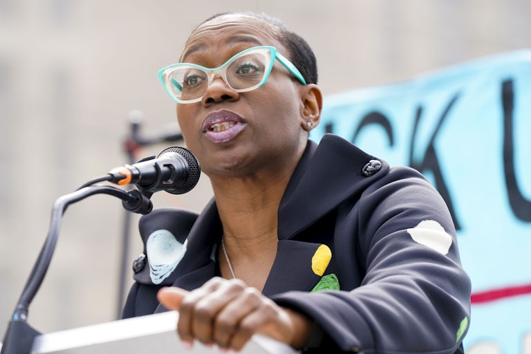 Former Ohio state Senator Nina Turner speaks at a podium