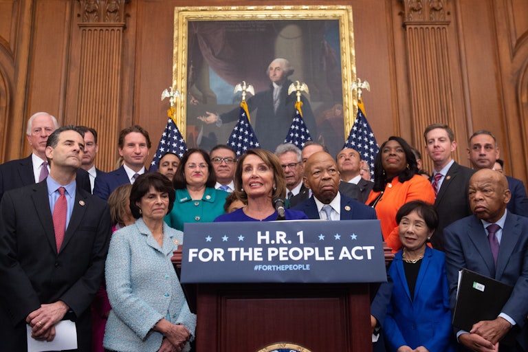 Nancy Pelosi with other Democratic leaders in support of HR 1.