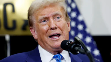 Donald Trump speaks into a microphone