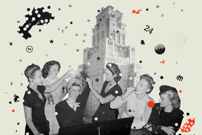 A collage of the Barbizon hotel foregrounded by a black-and-white photo of a group of women