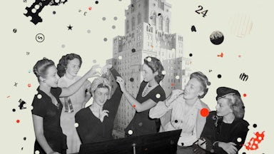 A collage of the Barbizon hotel foregrounded by a black-and-white photo of a group of women