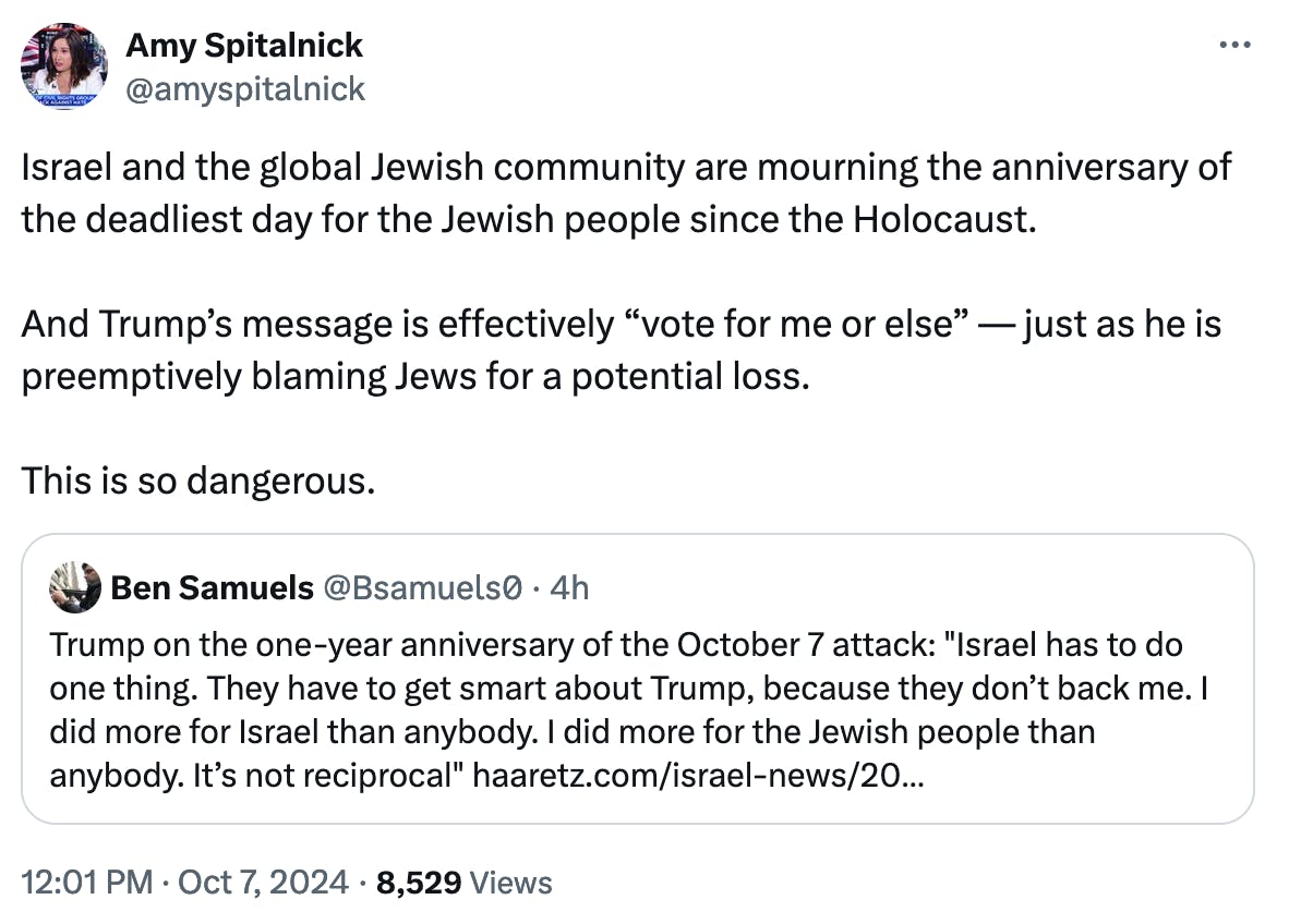 Twitter screenshot Amy Spitalnick @amyspitalnick: Israel and the global Jewish community are mourning the anniversary of the deadliest day for the Jewish people since the Holocaust. And Trump’s message is effectively “vote for me or else” — just as he is preemptively blaming Jews for a potential loss. This is so dangerous.