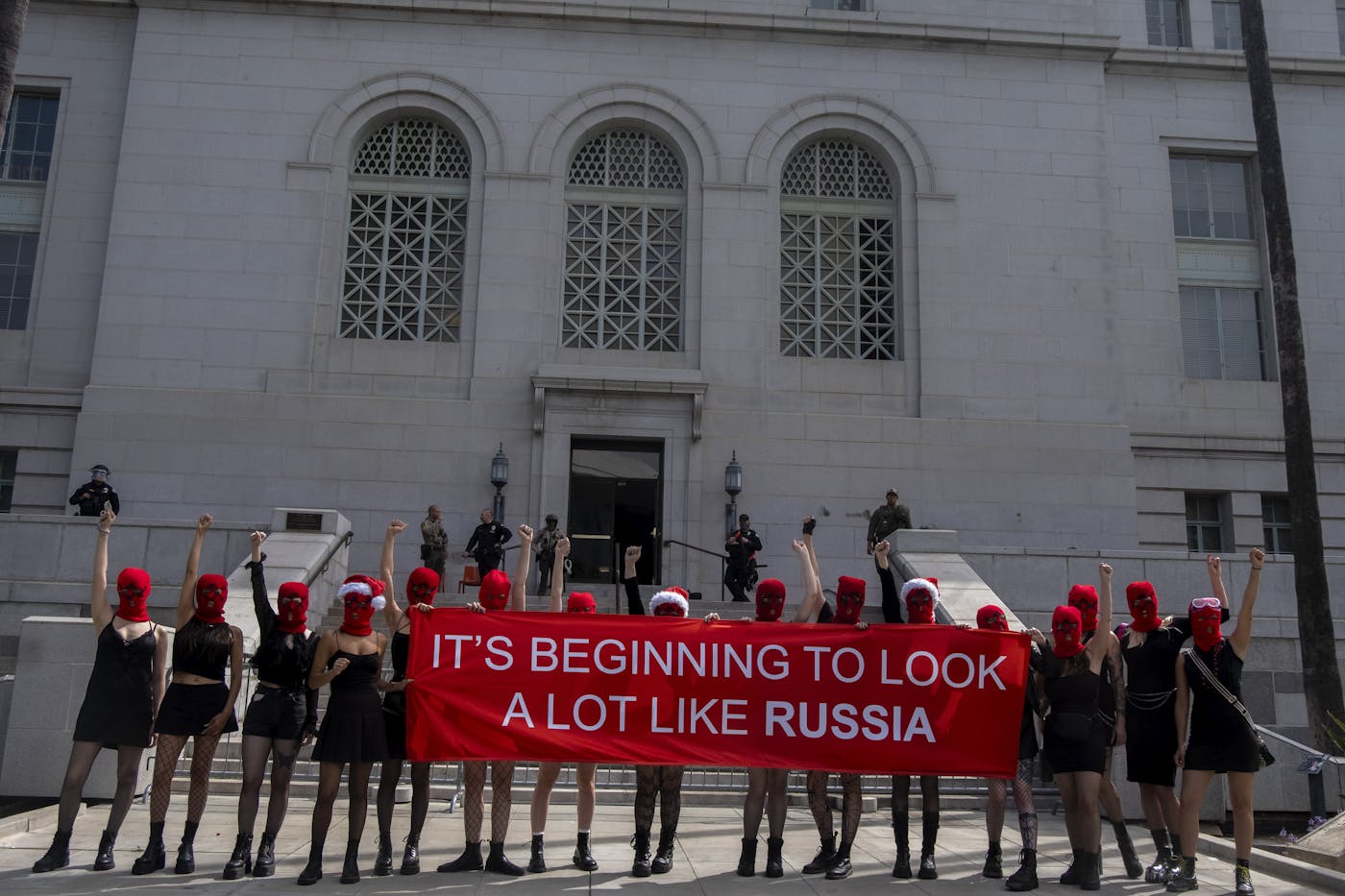 Protestors against President Donald Trump after the “No Kings protest clash with LAPD and Sheriff Department near City Hall in downtown Los Angeles, June 14, 2025.