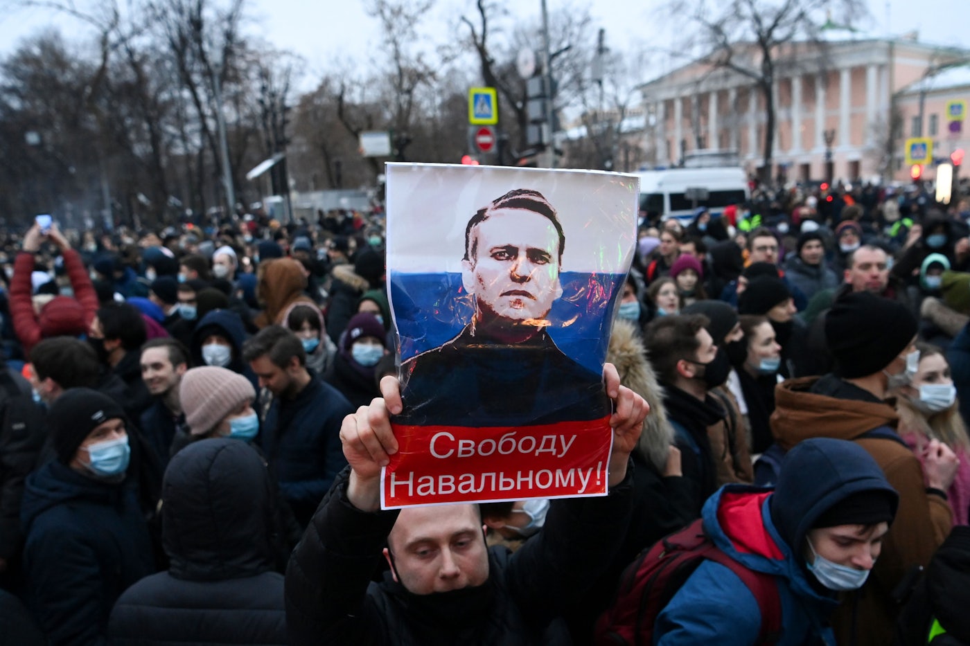Protesters march in support of jailed opposition leader Alexei Navalny in downtown Moscow.
