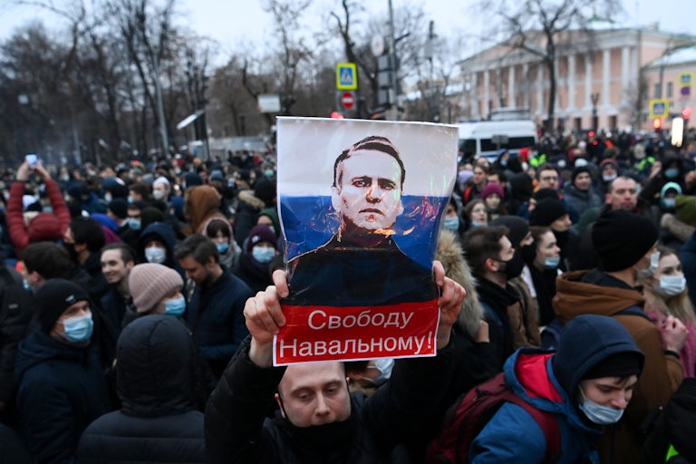 Protesters march in support of jailed opposition leader Alexei Navalny in downtown Moscow.