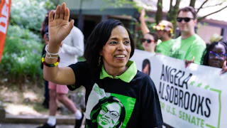 Angela Alsobrooks, Maryland’s Democratic nominee for U.S. Senate, walks in a parade during the Scotland Juneteenth Heritage Festival in Bethesda