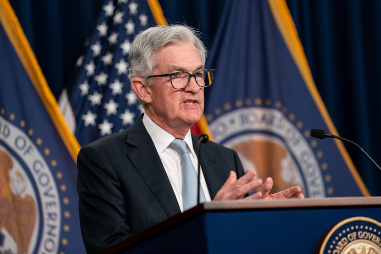 U.S. Federal Reserve Chair Jerome Powell speaks at a podium