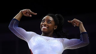 US gymnast Simone Biles celebrates after a gymnastics competition.