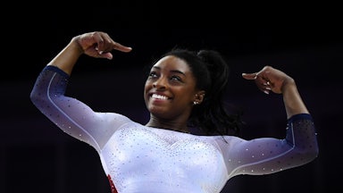 US gymnast Simone Biles celebrates after a gymnastics competition.
