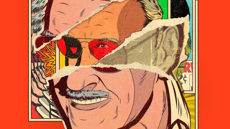 An illustration of Stan Lee composed of a collage of comics