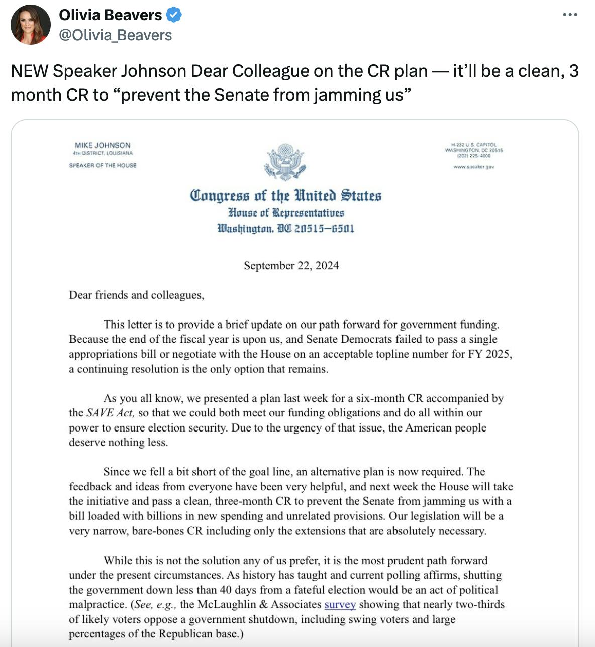 Twitter screenshot Olivia Beavers @Olivia_Beavers NEW Speaker Johnson Dear Colleague on the CR plan — it’ll be a clean, 3 month CR to “prevent the Senate from jamming us” (with screenshot of Mike Johnson's statement)