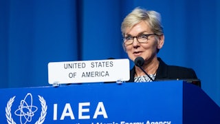 Jennifer Granholm speaks at a podium.