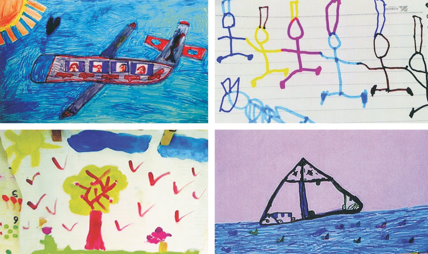 Children in the refugee camps made these drawings, which Le Collectif des Familles Unies turned into postcards.