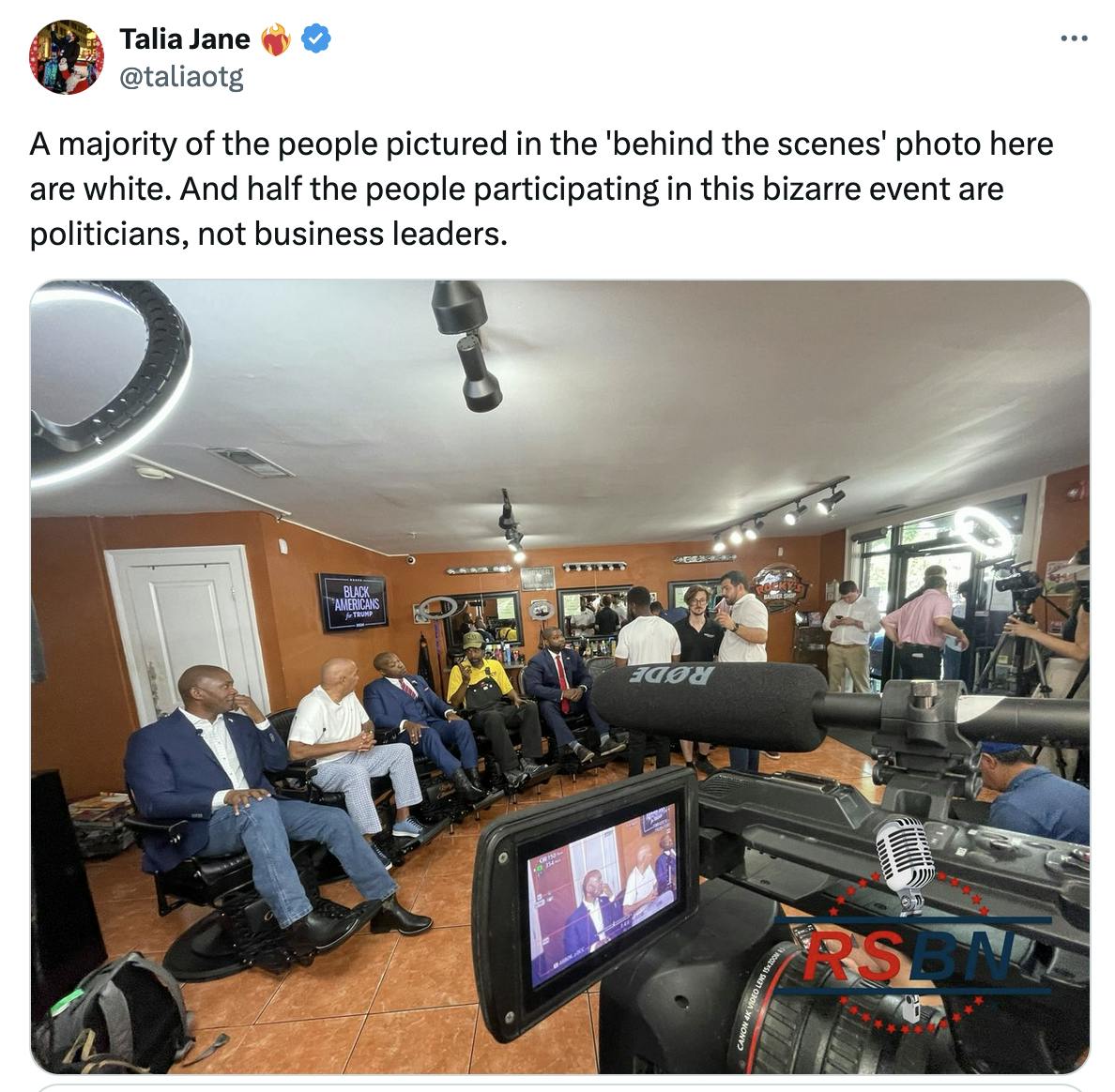 Twitter Screenshot @taliaotg: A majority of the people pictured in the 'behind the scenes' photo here are white. And half the people participating in this bizarre event are politicians, not business leaders.