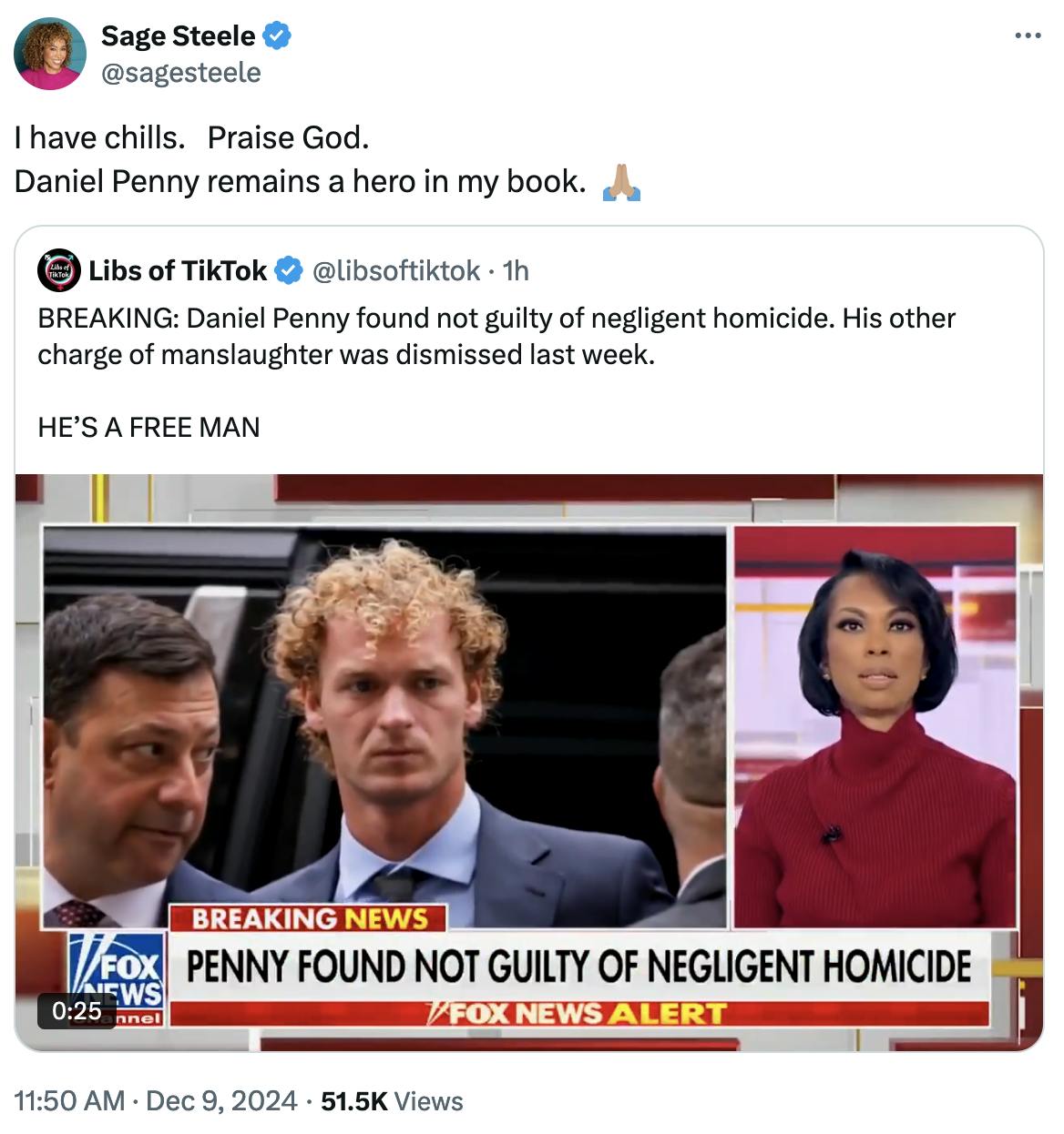 X screenshot Sage Steele @sagesteele:
I have chills.   Praise God.  
Daniel Penny remains a hero in my book.  🙏🏽

(quote tweet of Libs of TikTok)