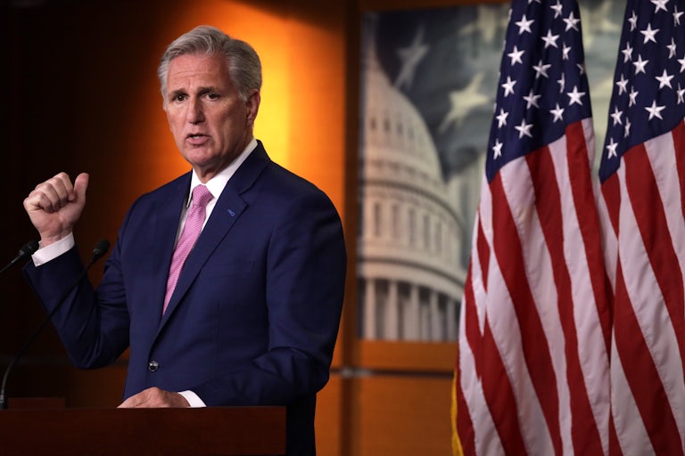 Kevin McCarthy speaks at a podium.