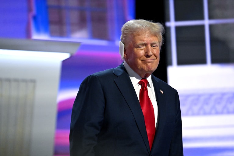 Donald Trump smiles while speaking at the Republican National Convention