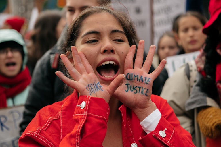 Environmental groups demand action at a youth-led climate strike in New York City in 2019.