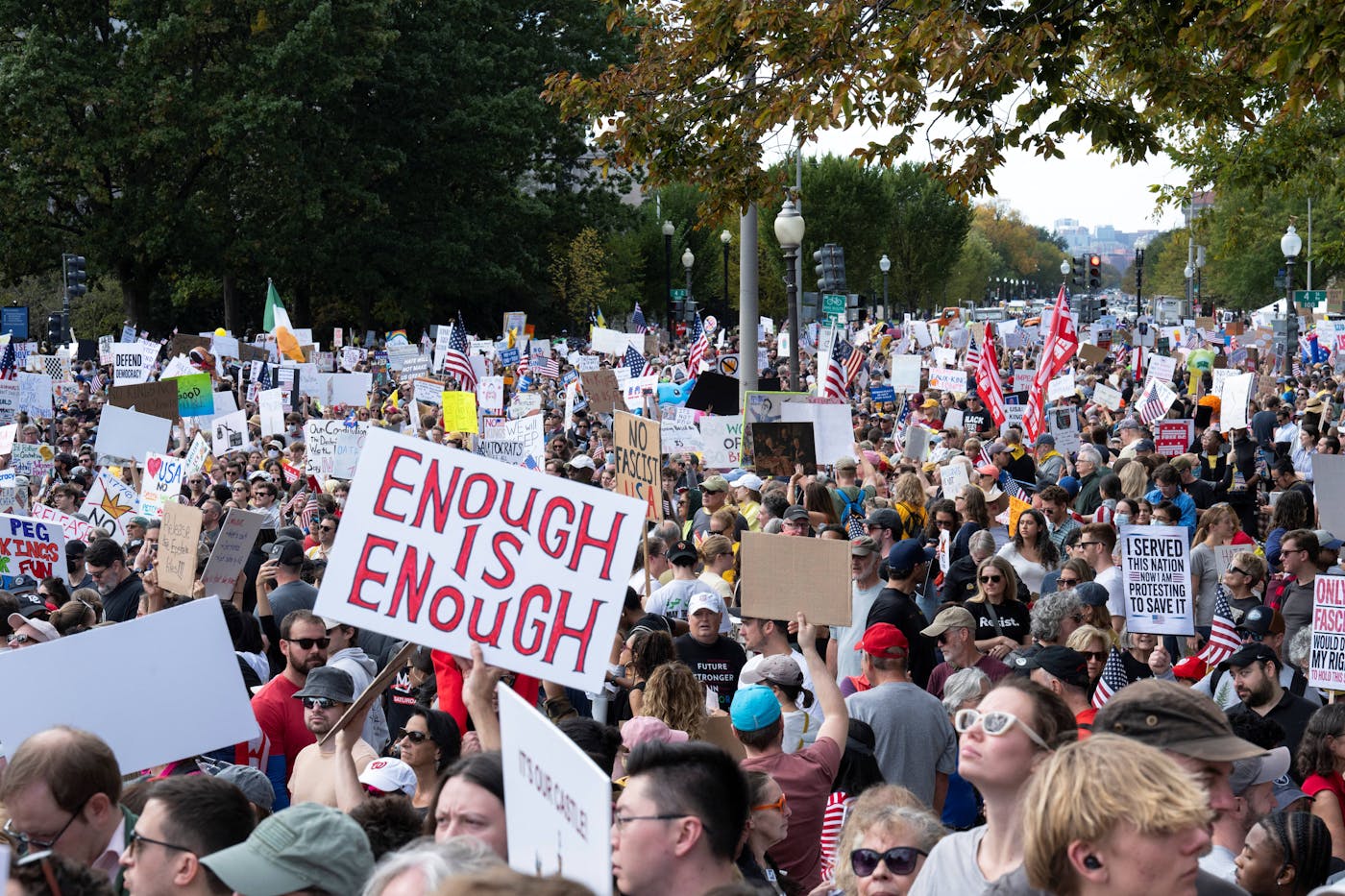 Protesters at the No Kings rally in Washington, D.C. A large sign in the forefront reads "Enough is Enough."