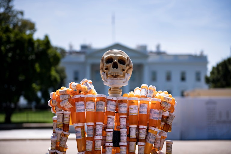 Pill Man, a skeleton made from oxycontin and methadone prescription bottles