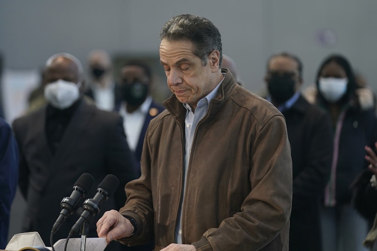 New York Governor Andrew Cuomo speaks at a vaccination site in New York City.