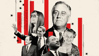 Collage of Barack Obama, Martin Luther King Jr., Hubert Humphrey, Gloria Steinem, Franklin D. Roosevelt, and Eleanor Roosevelt