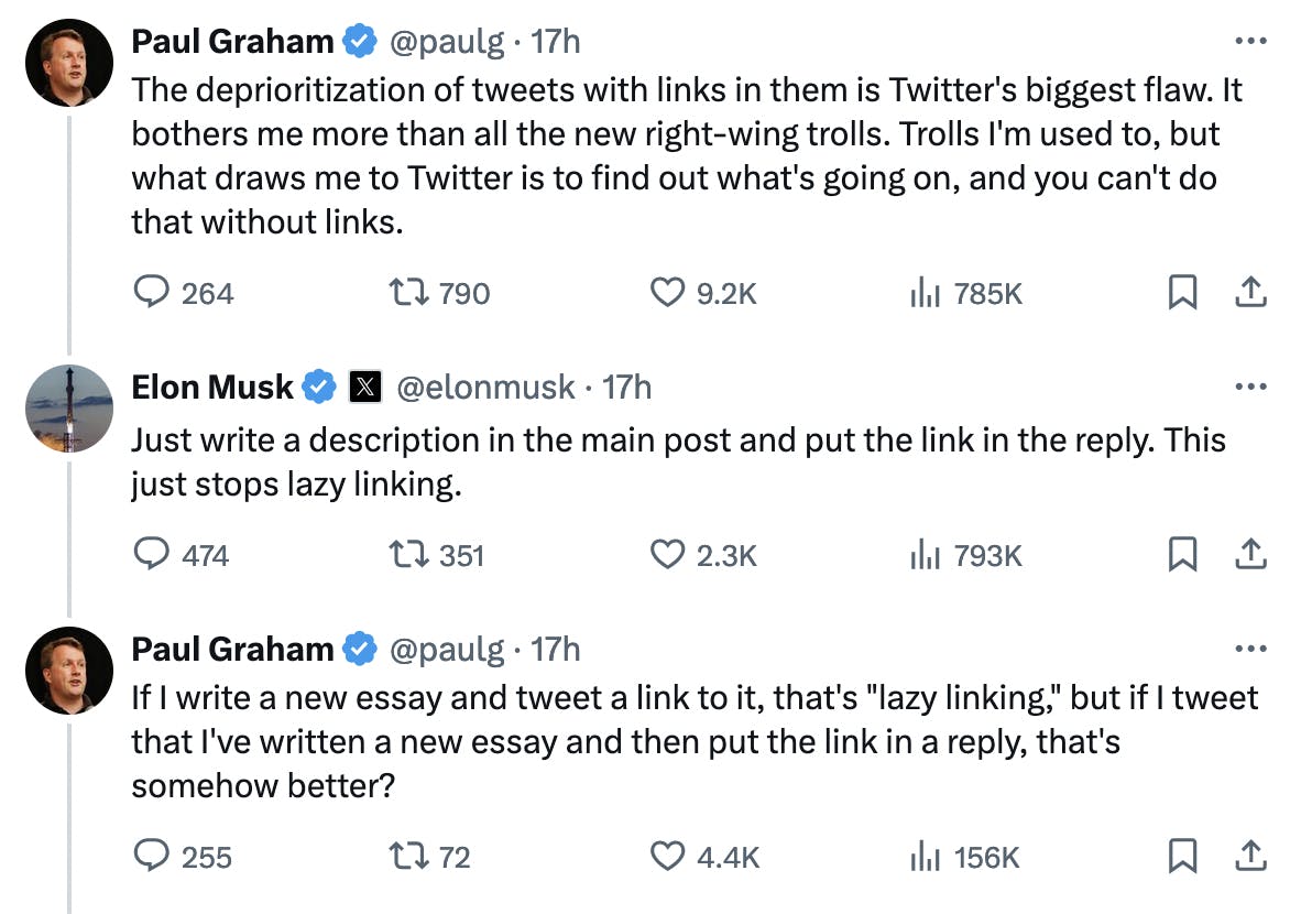 Paul Graham @paulg: The deprioritization of tweets with links in them is Twitter's biggest flaw. It bothers me more than all the new right-wing trolls. Trolls I'm used to, but what draws me to Twitter is to find out what's going on, and you can't do that without links. Elon Musk @elonmusk: Just write a description in the main post and put the link in the reply. This just stops lazy linking. Paul Graham @paulg: If I write a new essay and tweet a link to it, that's "lazy linking," but if I tweet that I've written a new essay and then put the link in a reply, that's somehow better?