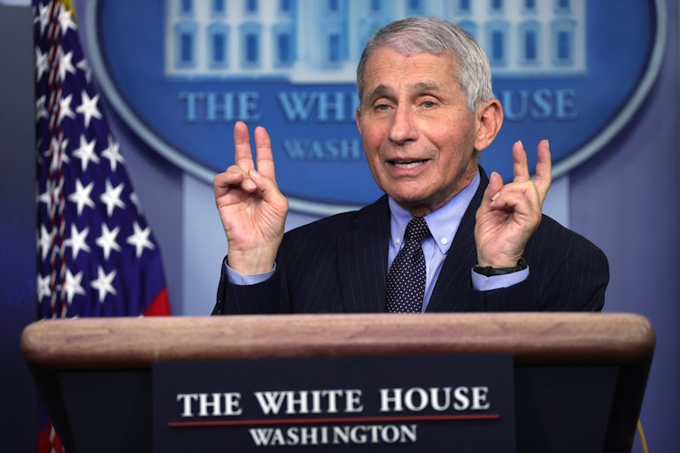 Anthony Fauci makes air-quotes in the White House Press Room.