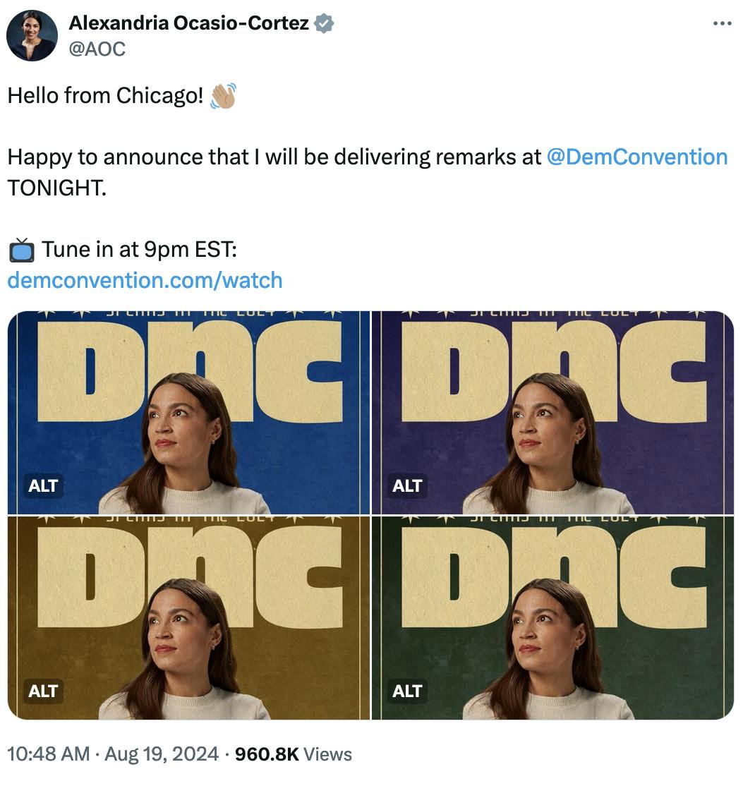 Twitter screenshot Alexandria Ocasio-Cortez @AOC: Hello from Chicago! 👋🏽 Happy to announce that I will be delivering remarks at @DemConvention TONIGHT. 📺 Tune in at 9pm EST: http://demconvention.com/watch