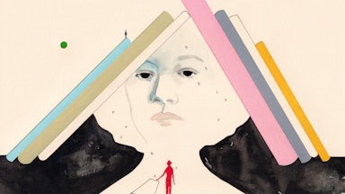 An illustration of the author Sarah Chihaya with books pressing against her head