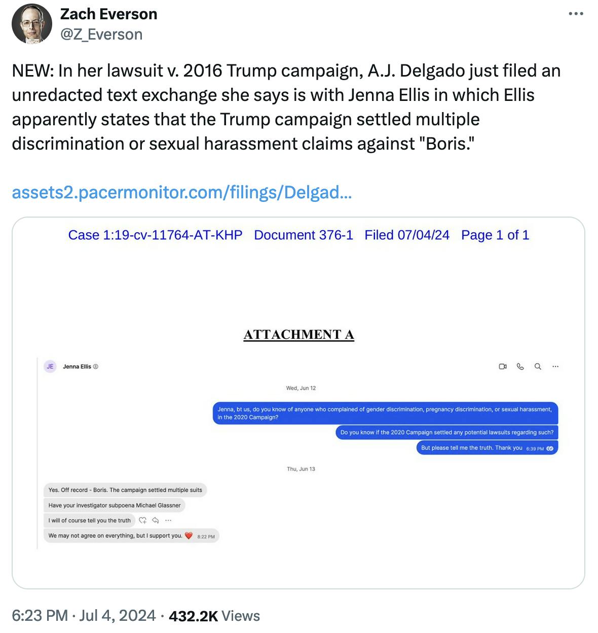 Twitter screenshot Zach Everson @Z_Everson: NEW: In her lawsuit v. 2016 Trump campaign, A.J. Delgado just filed an unredacted text exchange she says is with Jenna Ellis in which Ellis apparently states that the Trump campaign settled multiple discrimination or sexual harassment claims against "Boris