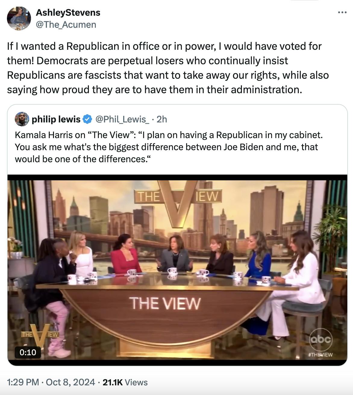 Twitter screenshot AshleyStevens @The_Acumen: If I wanted a Republican in office or in power, I would have voted for them! Democrats are perpetual losers who continually insist Republicans are fascists that want to take away our rights, while also saying how proud they are to have them in their administration.