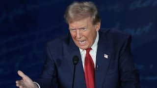 Donald Trump gestures with one hand while speaking into a microphone.