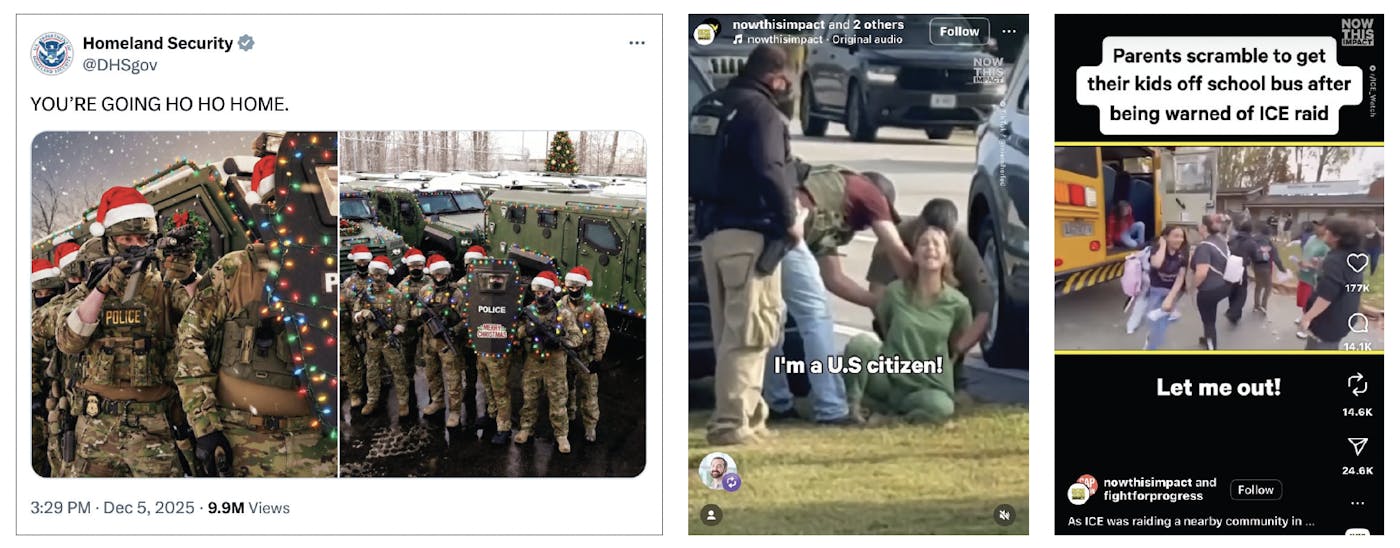 A Department of Homeland Security tweet from December; TikTok screen grabs from users showing ICE in action.