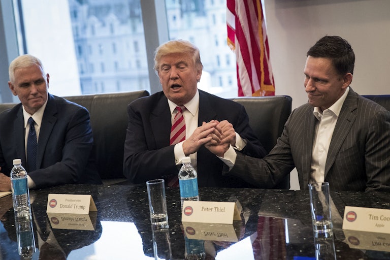 Peter Thiel shares a handshake with President Donald Trump as Vice President Mike Pence looks on.