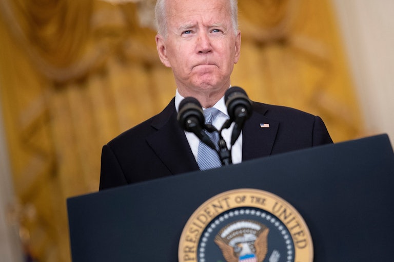 Joe Biden frowns at a press conference on the withdrawal of American troops from Afghanistan.