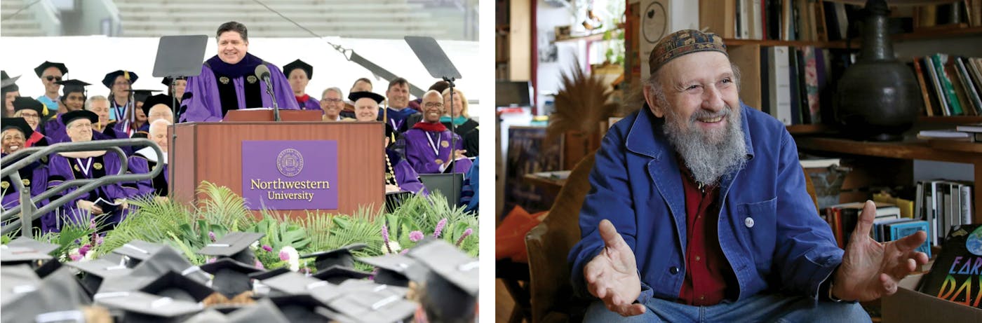 Left: Illinois’s Democratic Governor J.B. Pritzker, a leading Trump critic, is a Northwestern alum; right: Alan Haber was the first president of Students for a Democratic Society, which was founded at the University of Michigan.