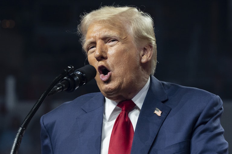 Donald Trump speaks into a microphone