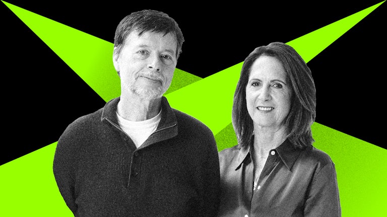 Ken Burns and Lynn Novick stand against a black and green backdrop.