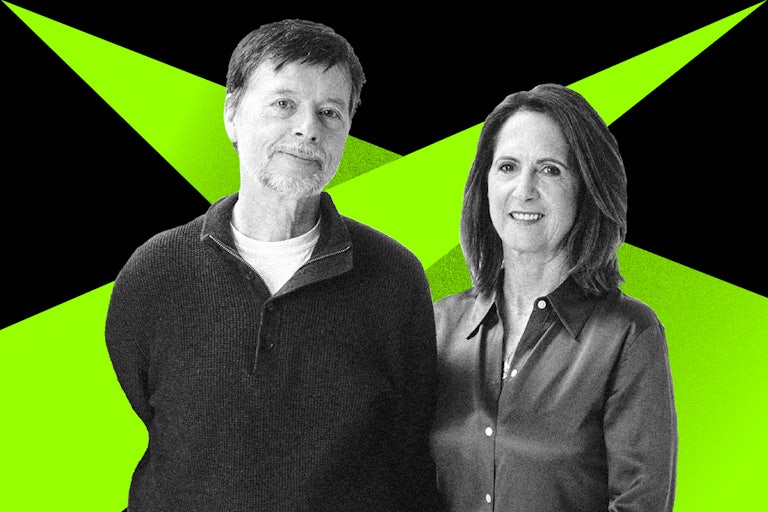 Ken Burns and Lynn Novick stand against a black and green backdrop.