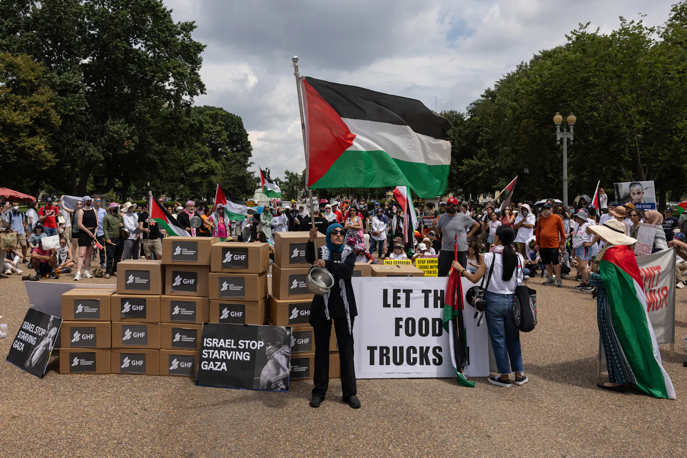 Protesters gather outside the White House on July 27, 2025, to demand an end to Israel's blockade of the Gaza Strip.