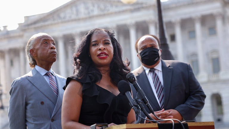 Civil rights leader Arndrea Waters King speaks alongside Rev. Al Sharpton and Martin Luther King III at a press conference on voting rights outside of the U.S. Capitol.