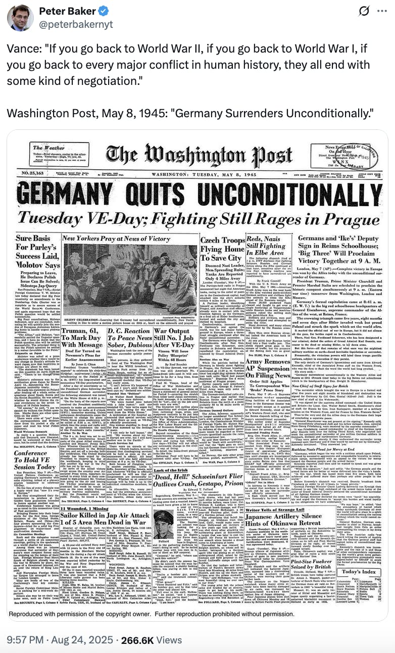 Vance: "If you go back to World War II, if you go back to World War I, if you go back to every major conflict in human history, they all end with some kind of negotiation." Washington Post, May 8, 1945: "Germany Surrenders Unconditionally." (screenshot of Washington Post front page on May 8, 1945)