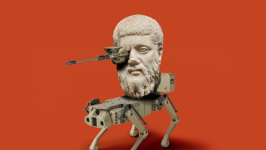 A mash-up of a bust of Plato and a military drone is used to illustrate the hiring of philosophers by the Department of Defense to study technology ethics in warfare.