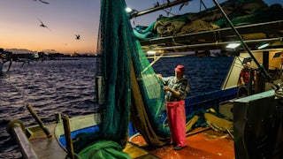 A person stands on a boat in the middle of the water holding onto a net that is hoisted above him.