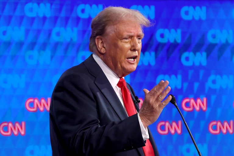 Donald Trump yells during the CNN debate with Biden