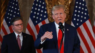 Donald Trump and House Speaker Mike Johnson hold a press conference at Mr. Trump's Mar-a-Lago estate.