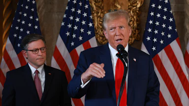 Donald Trump and House Speaker Mike Johnson hold a press conference at Mr. Trump's Mar-a-Lago estate.
